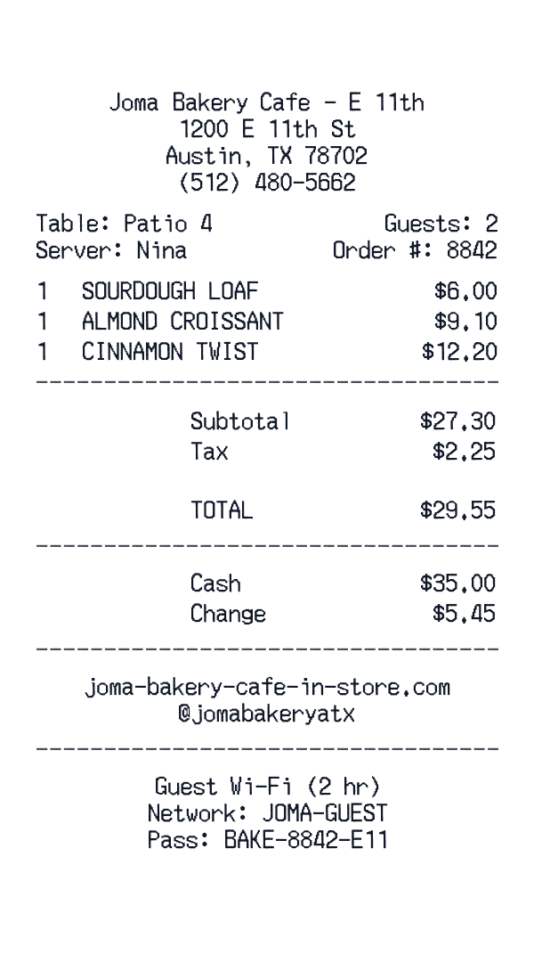Joma Bakery Café - In-Store receipt template example
