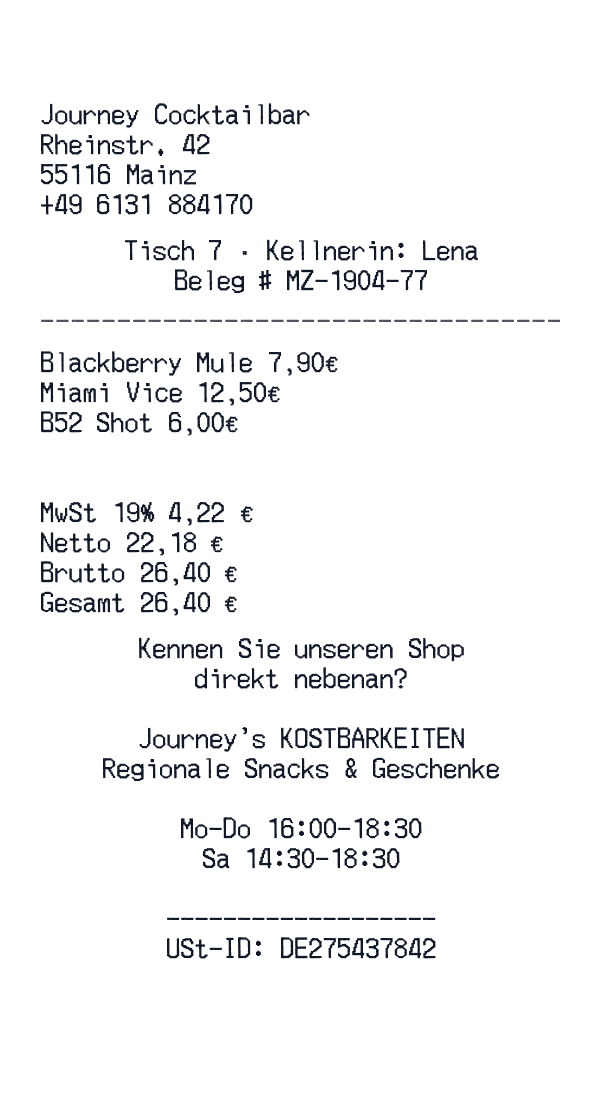 Journey Cocktailbar receipt template generator preview