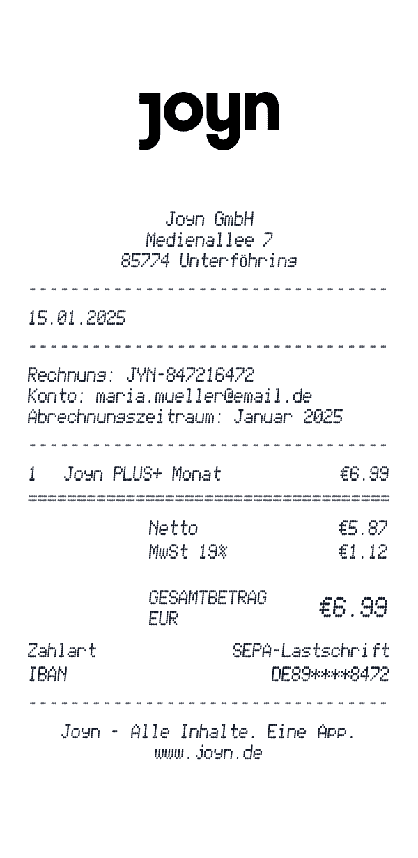 Joyn receipt template example - streaming receipt with itemized details, prices, and payment information