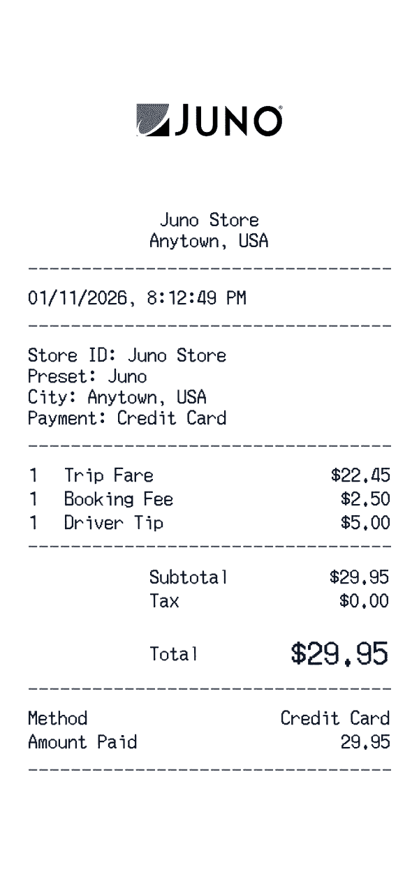 Juno receipt template example - rideshare receipt with itemized details, prices, and payment information