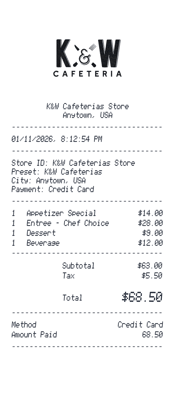K&W Cafeterias receipt preview
