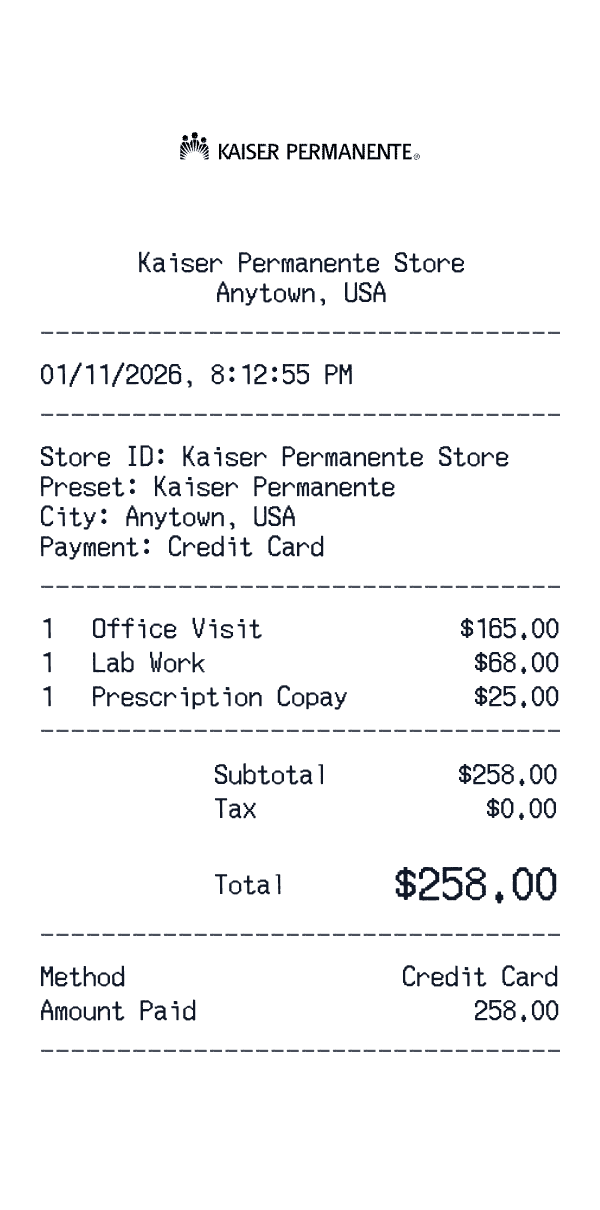 Kaiser Permanente receipt template example - healthcare receipt with itemized details, prices, and payment information
