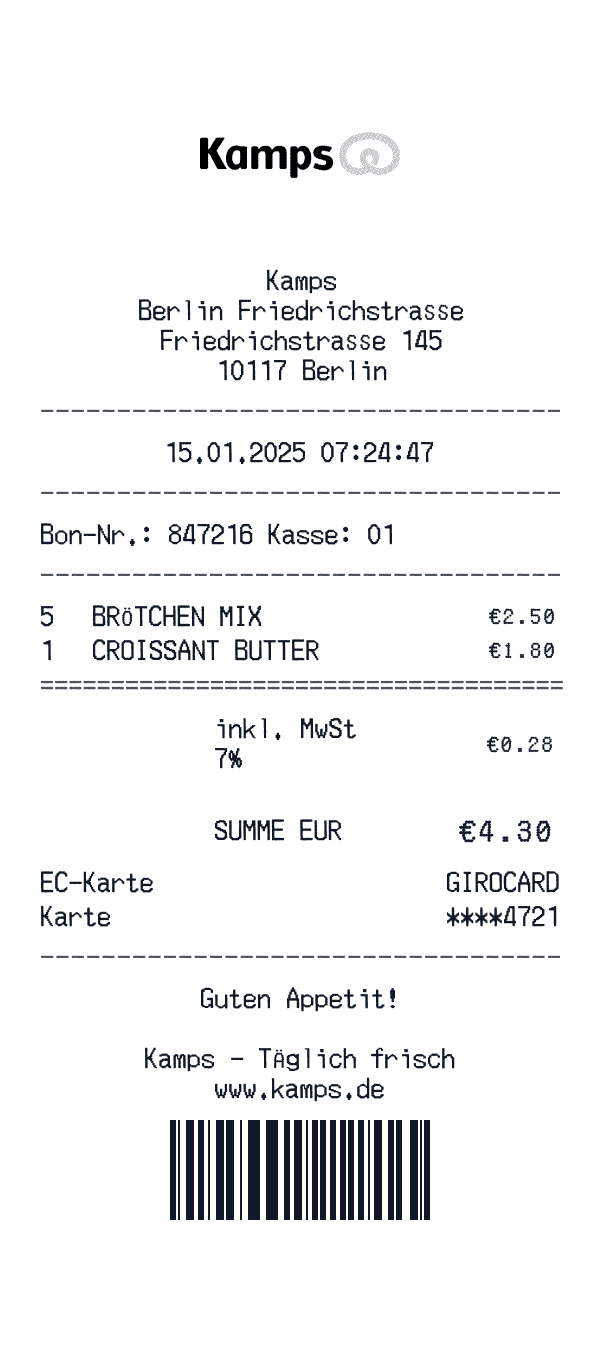 Kamps receipt template example - bakery receipt with itemized details, prices, and payment information