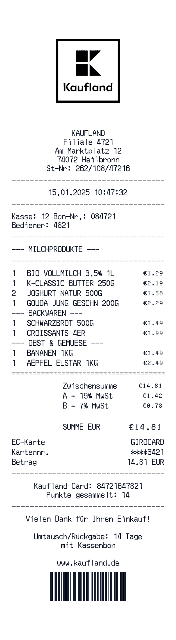 Kaufland receipt template example - grocery receipt with itemized details, prices, and payment information