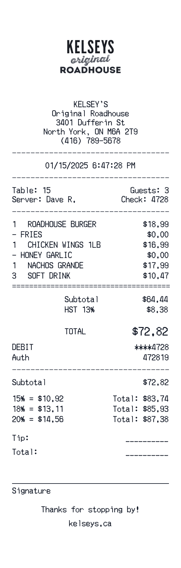 Kelsey's receipt template example - restaurant receipt with itemized details, prices, and payment information
