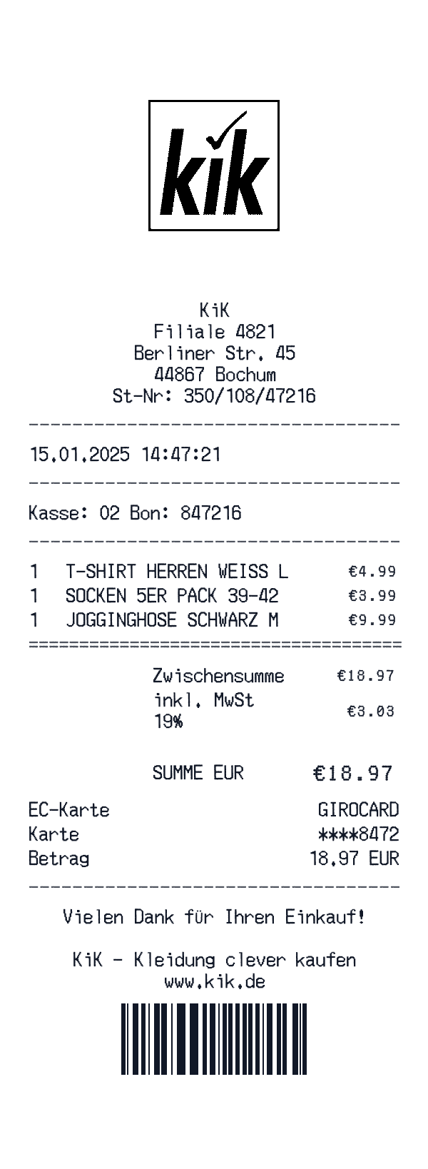 KiK receipt template example - clothing receipt with itemized details, prices, and payment information