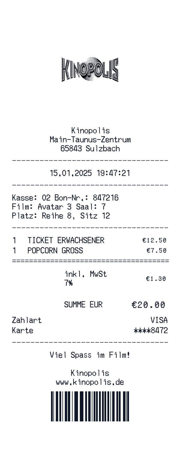 Kinopolis receipt template example - entertainment receipt with itemized details, prices, and payment information