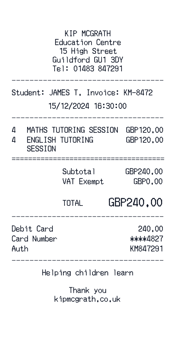 Kip McGrath receipt preview