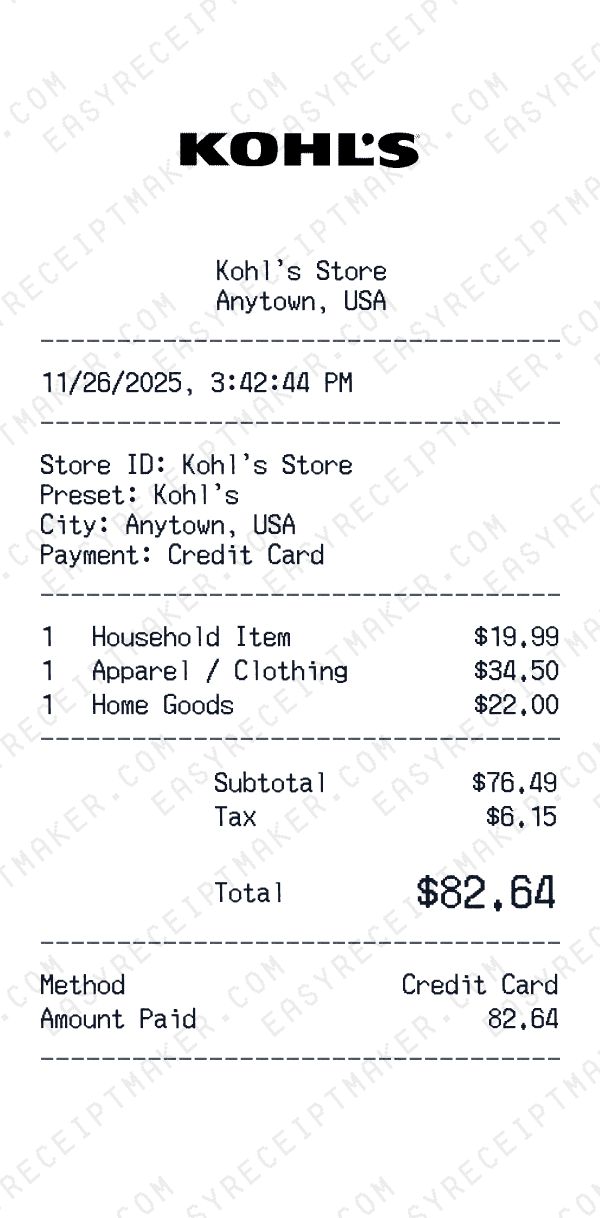 Kohl's receipt preview