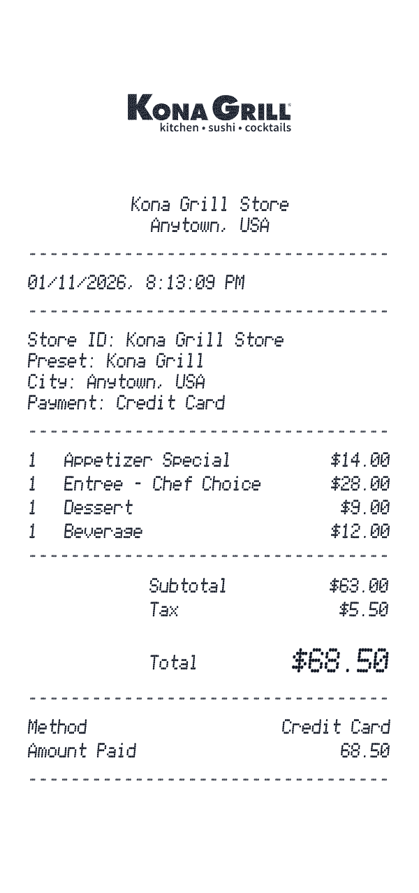 Kona Grill receipt preview