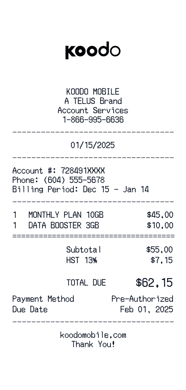 Koodo receipt template example - other receipt with itemized details, prices, and payment information