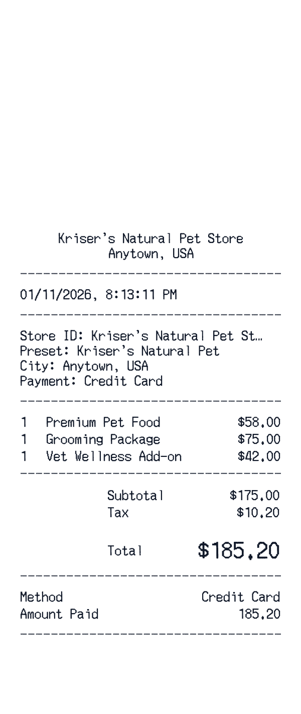 Kriser's Natural Pet receipt template example - pet care receipt with itemized details, prices, and payment information