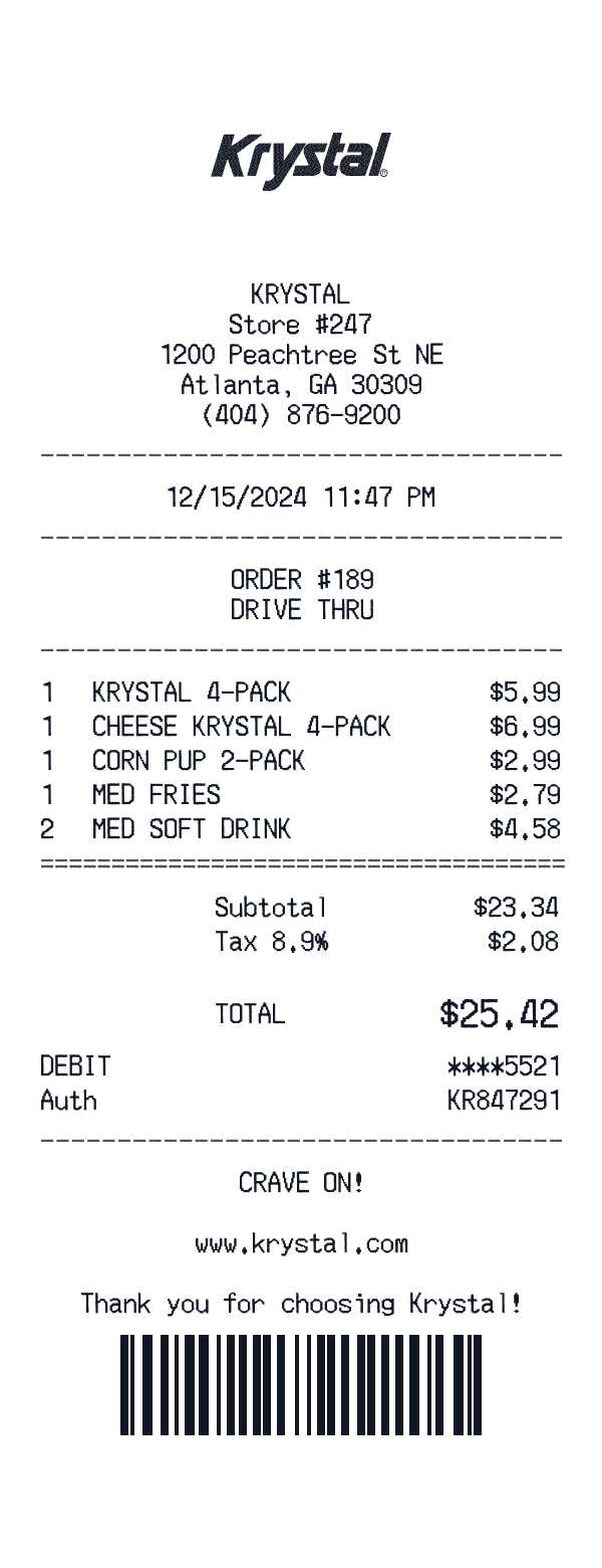 Krystal receipt preview