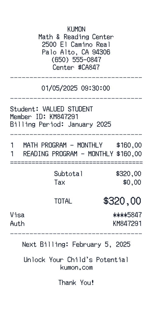 Kumon receipt template example