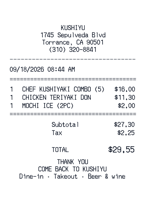 Kushiyu Restaurant receipt template generator preview