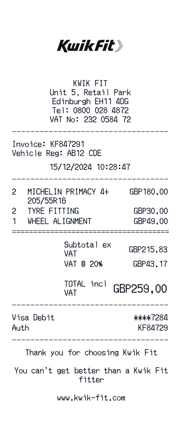Kwik Fit receipt preview