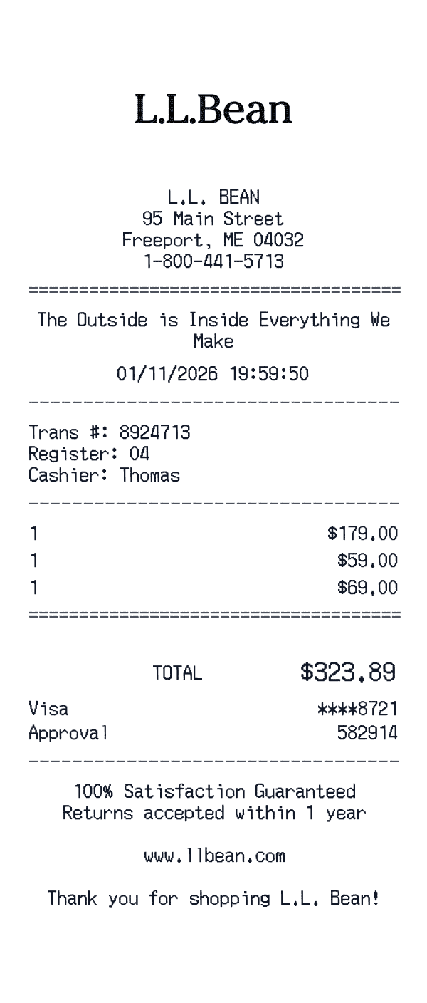 L.L. Bean receipt template example