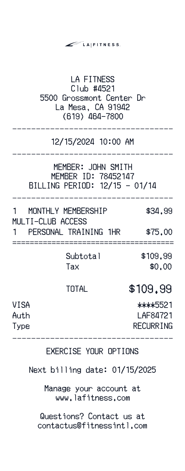 LA Fitness receipt preview