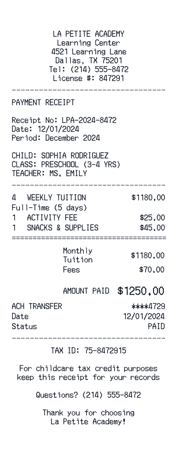 La Petite Academy receipt template example