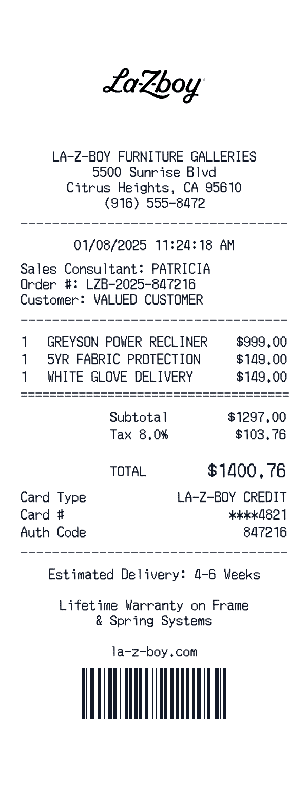 La-Z-Boy receipt template example - furniture receipt with itemized details, prices, and payment information