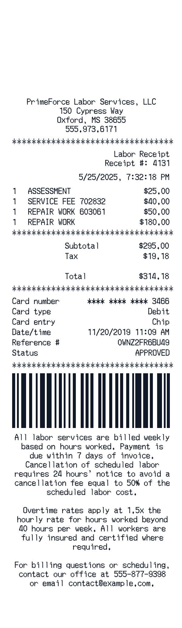 Labor receipt template generator preview