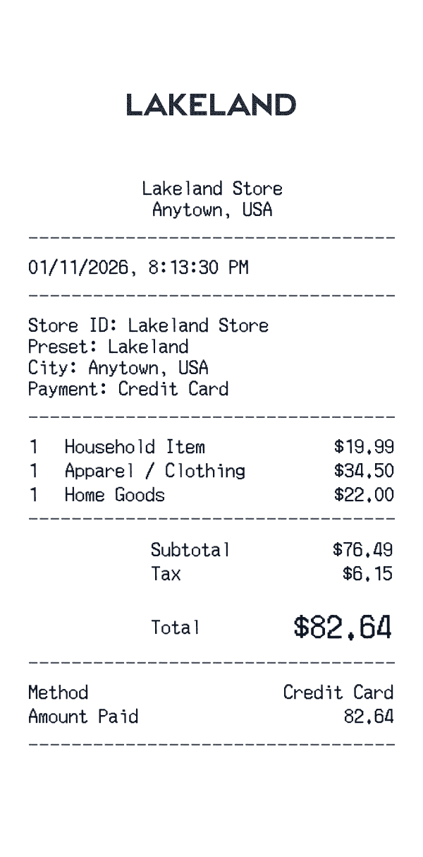 Lakeland receipt preview