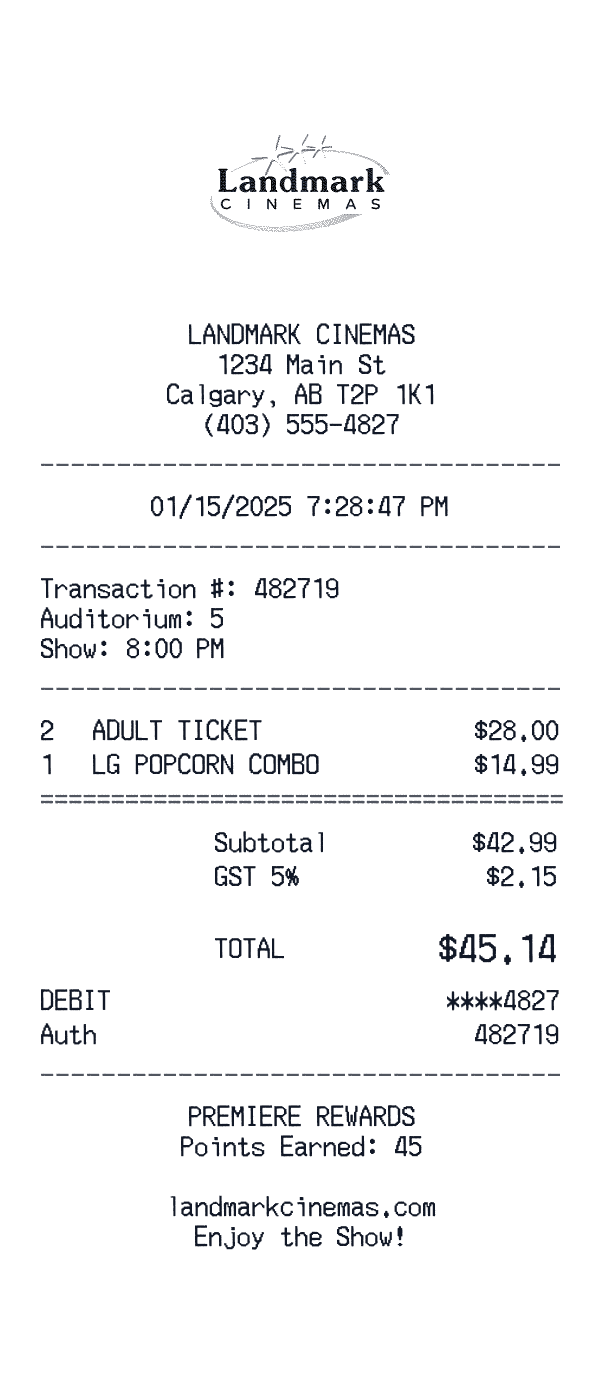 Landmark Cinemas receipt template example - entertainment receipt with itemized details, prices, and payment information