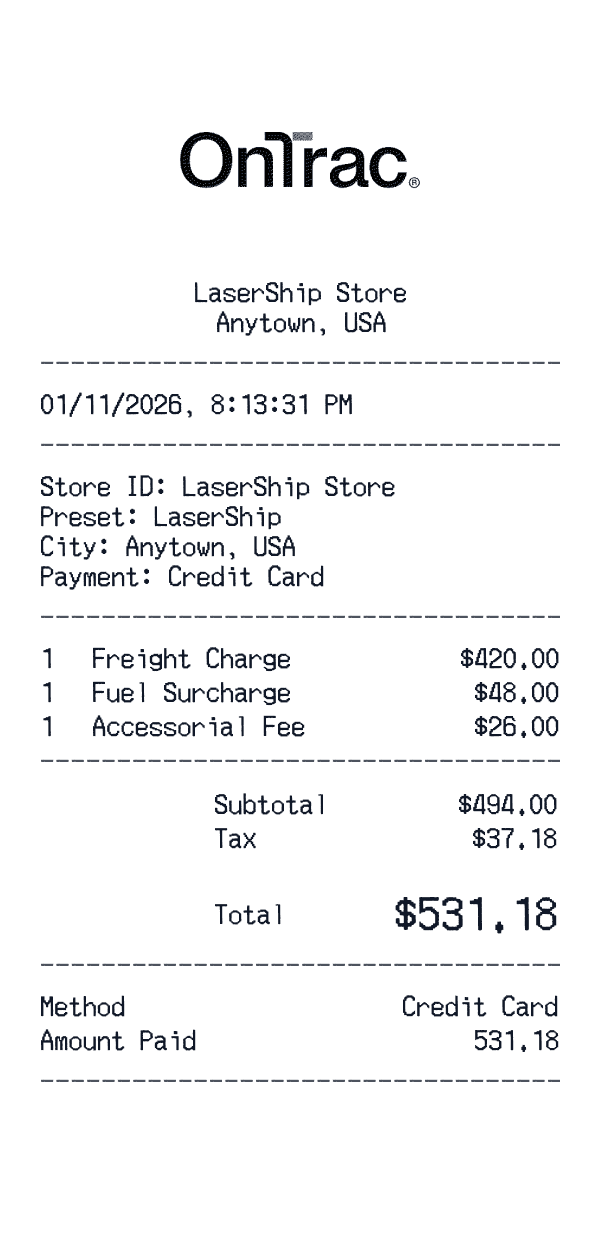 LaserShip receipt template example - logistics / shipping receipt with itemized details, prices, and payment information