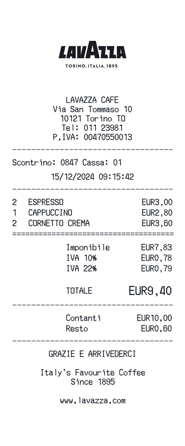 Lavazza Cafe receipt preview