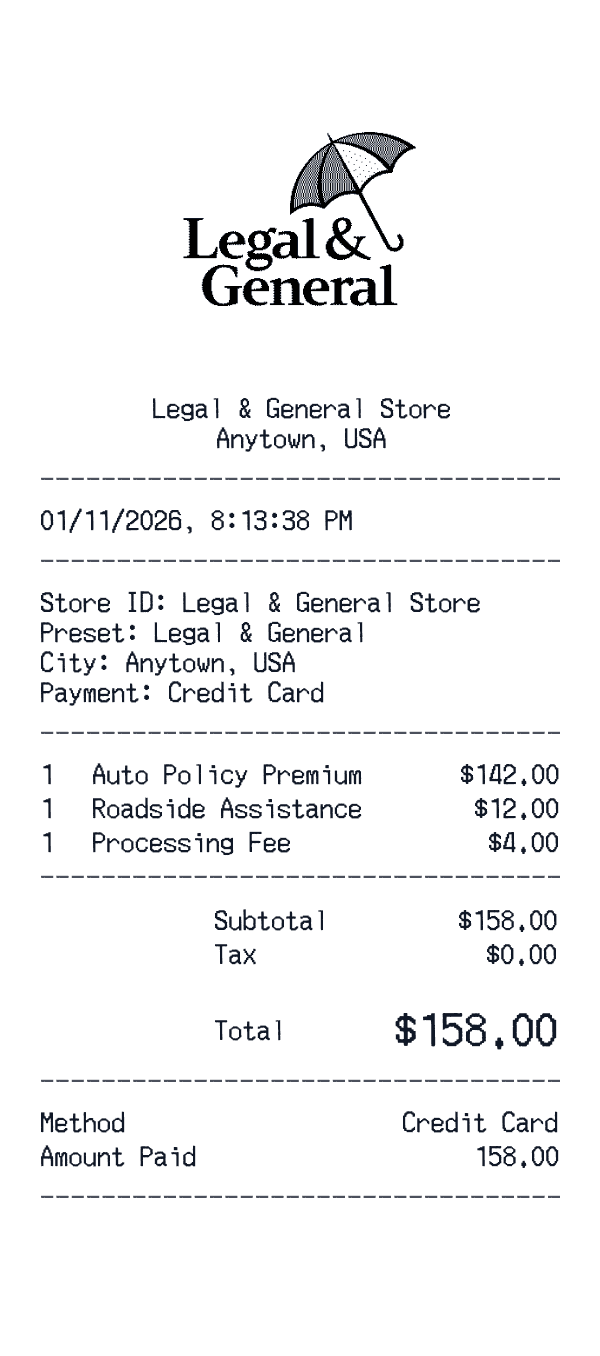 Legal & General receipt template example - insurance receipt with itemized details, prices, and payment information