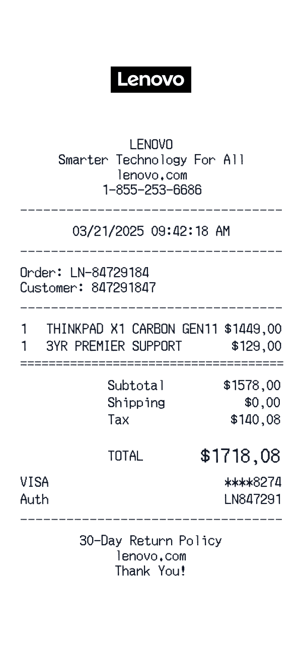 Lenovo receipt preview