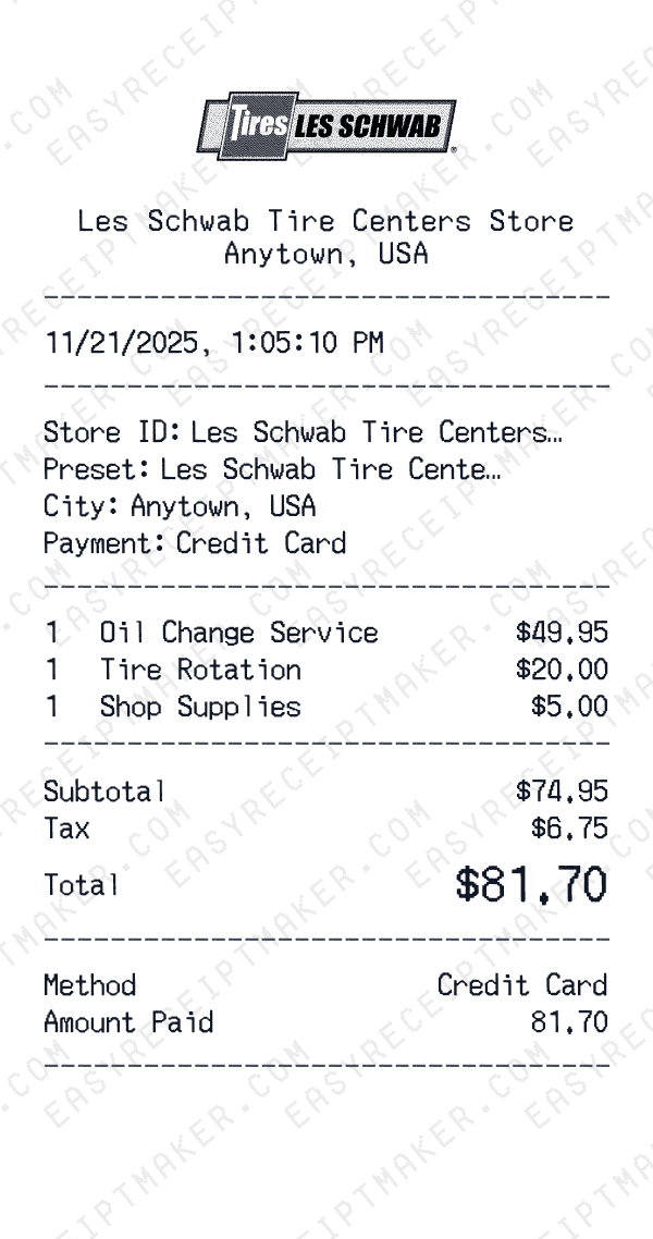 Les Schwab Tire Centers receipt template generator preview