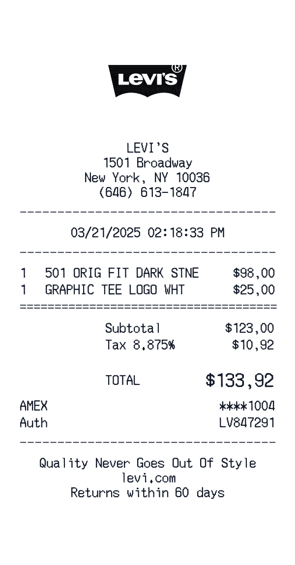 Levi's receipt preview