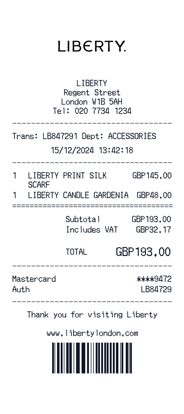 Liberty London receipt template example