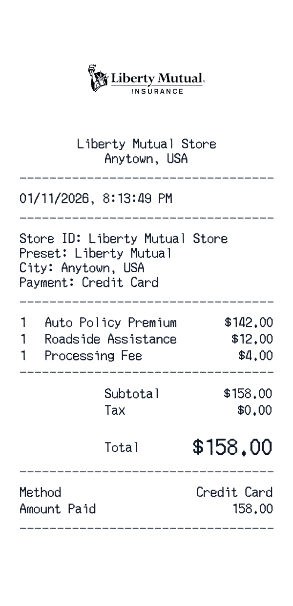 Liberty Mutual receipt template example - insurance receipt with itemized details, prices, and payment information