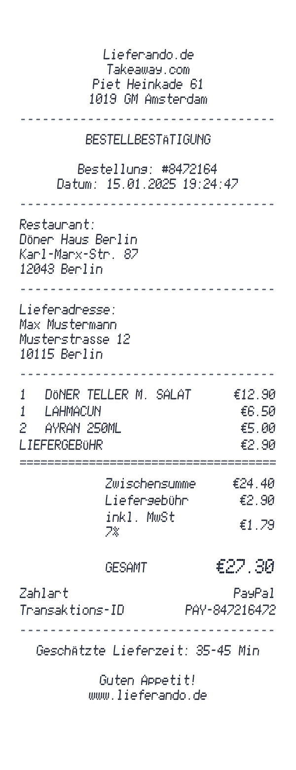 Lieferando receipt template example - other receipt with itemized details, prices, and payment information