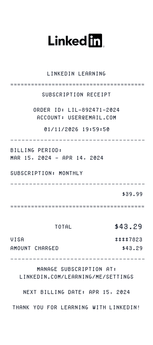 LinkedIn Learning receipt template example