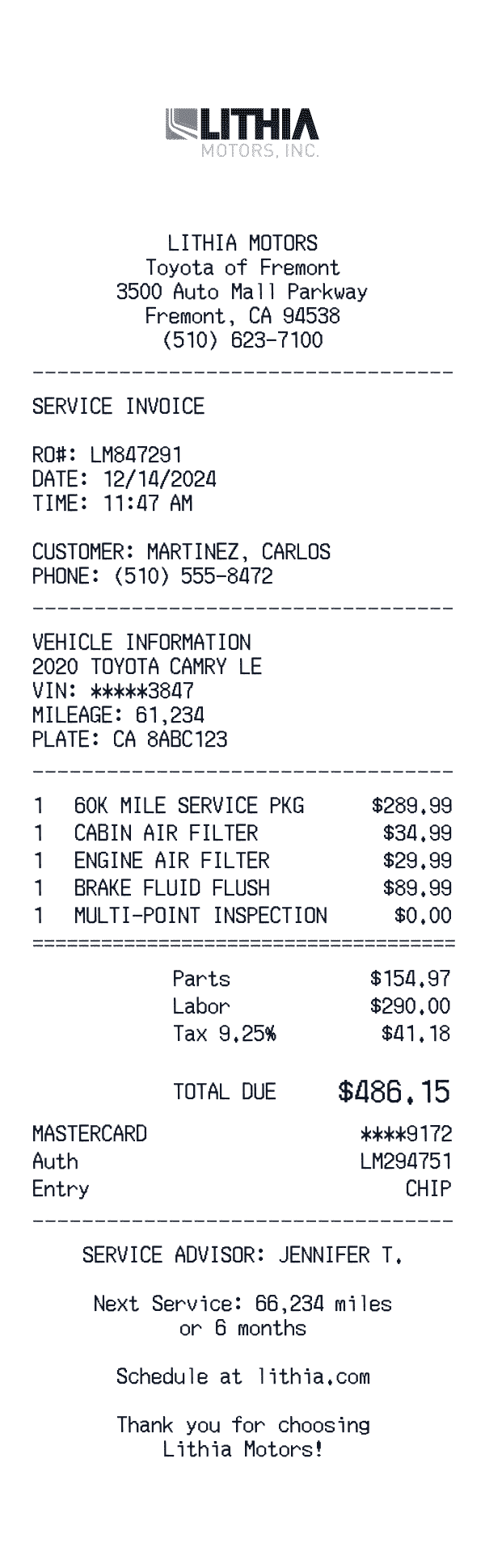Lithia Motors receipt template example - automotive sales receipt with itemized details, prices, and payment information