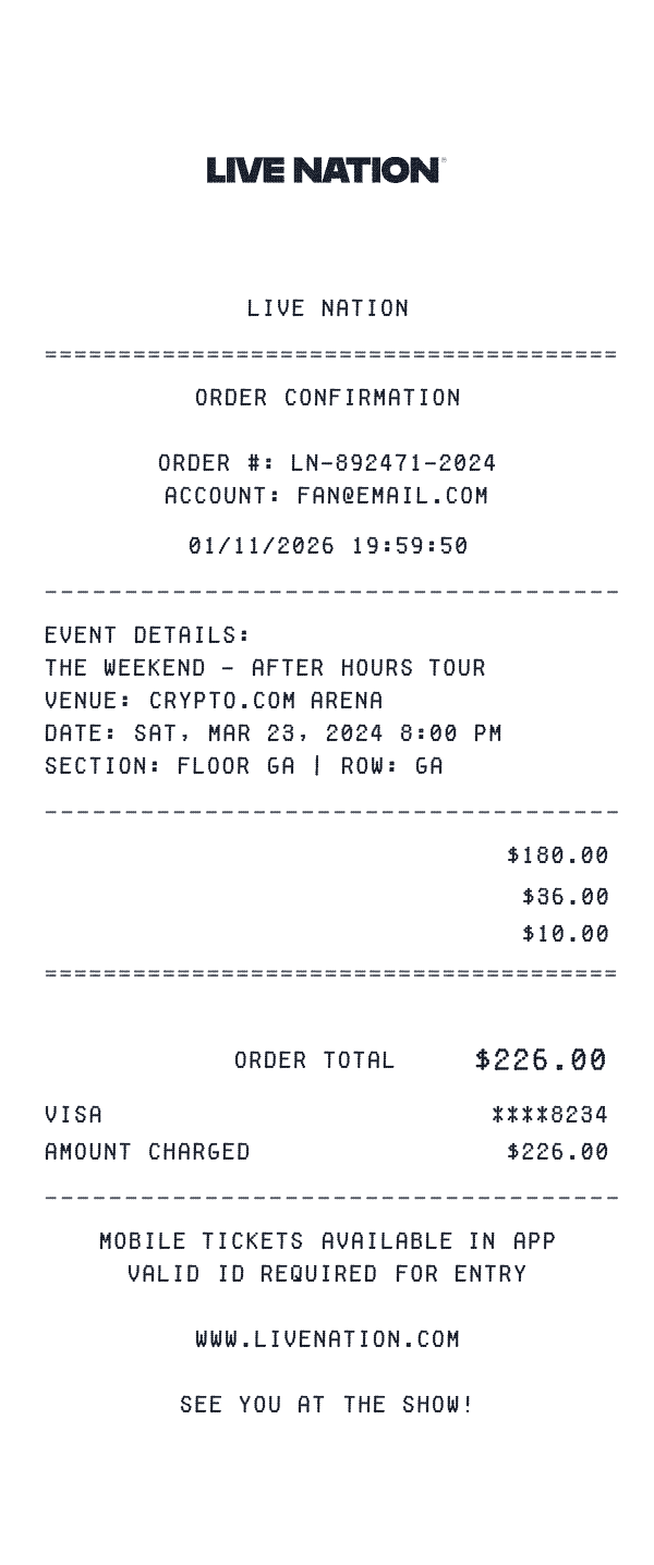 Live Nation receipt template