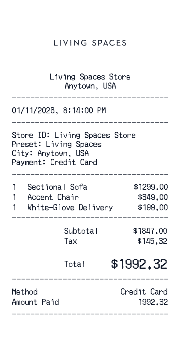 Living Spaces receipt template example - furniture receipt with itemized details, prices, and payment information