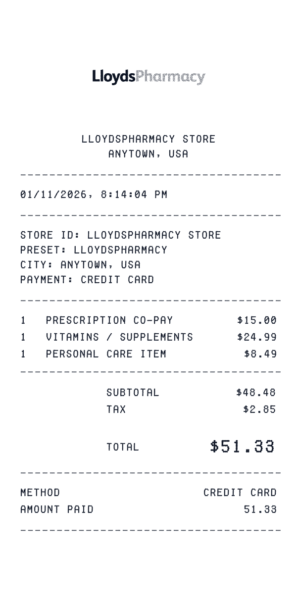 LloydsPharmacy receipt template example - pharmacy receipt with itemized details, prices, and payment information