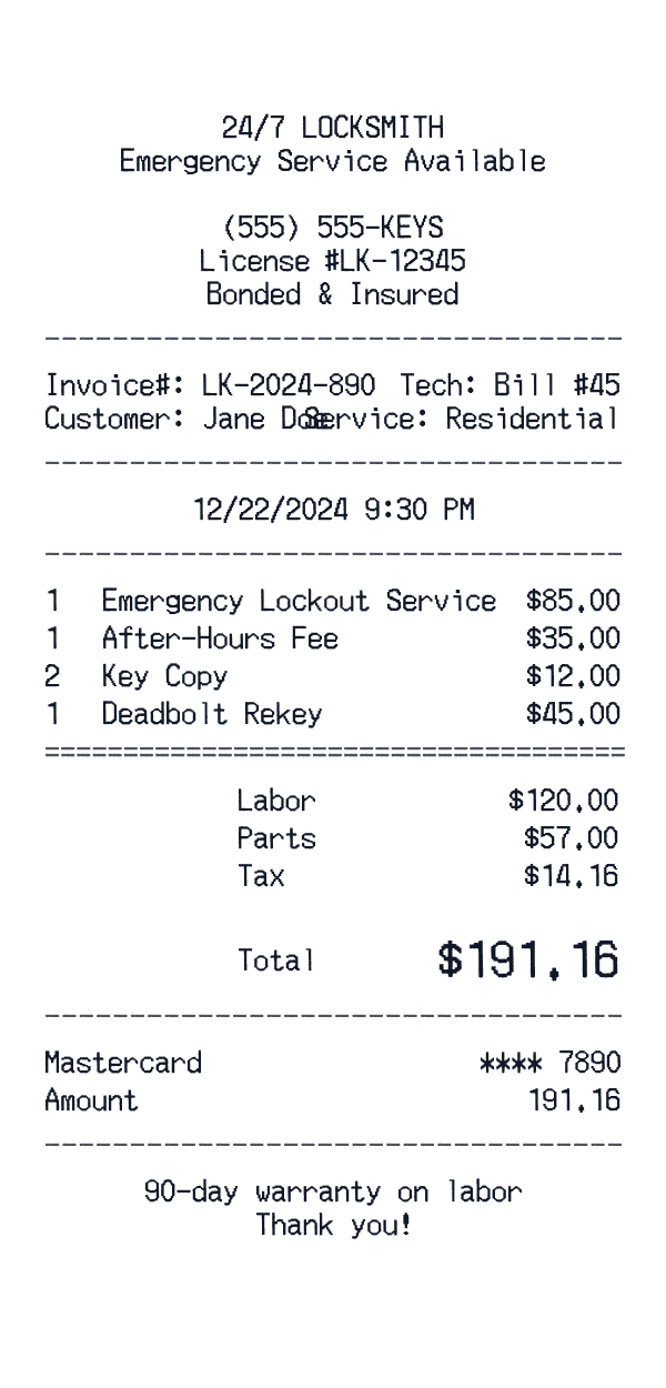 Locksmith Receipt receipt template example - generic templates receipt with itemized details, prices, and payment information