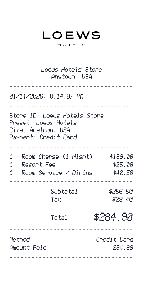 Loews Hotels receipt preview