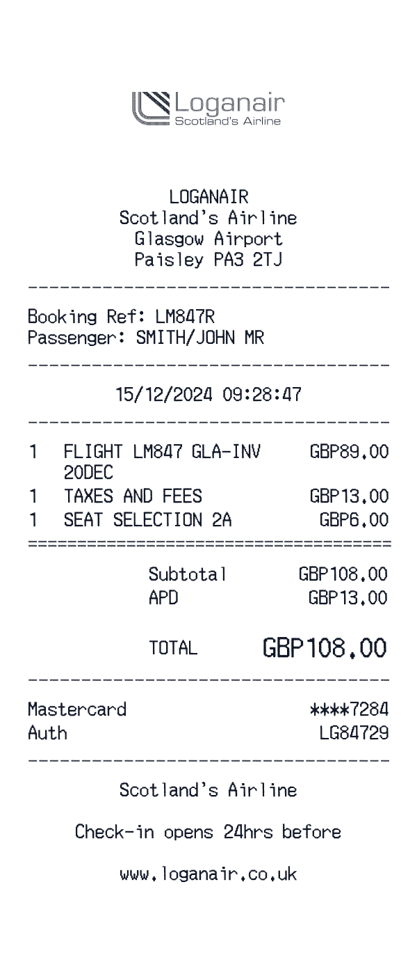 Loganair receipt template example