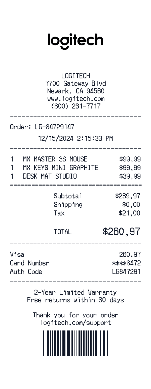 Logitech receipt preview