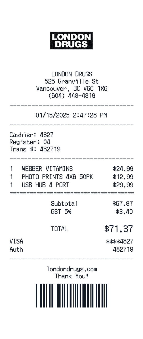 London Drugs receipt template example - pharmacy receipt with itemized details, prices, and payment information