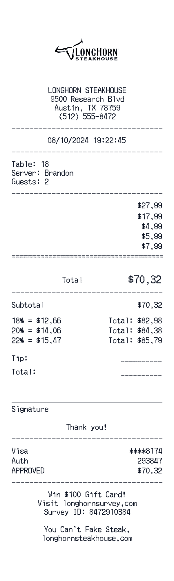 LongHorn Steakhouse receipt preview
