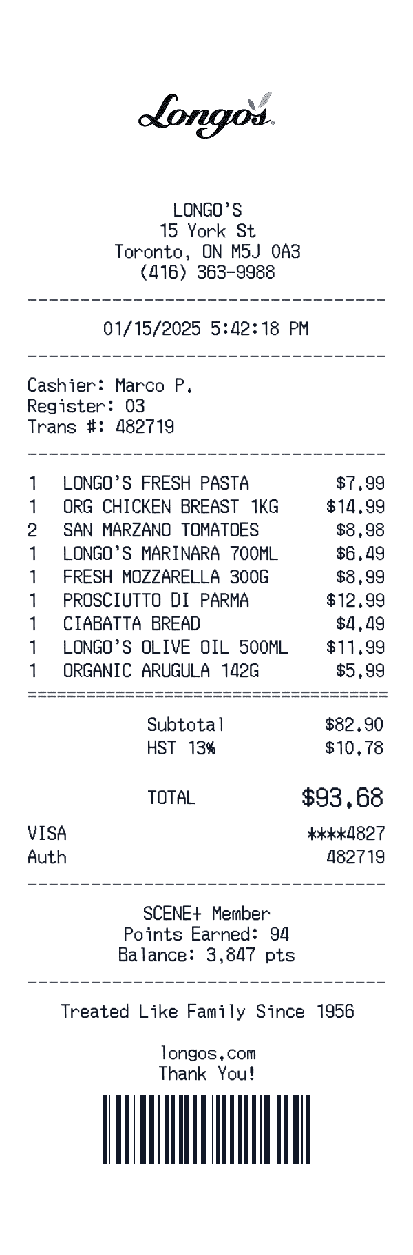 Longo's receipt template example - grocery receipt with itemized details, prices, and payment information