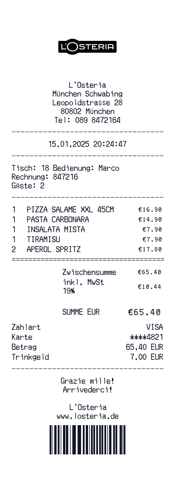 L'Osteria receipt template example - restaurant receipt with itemized details, prices, and payment information