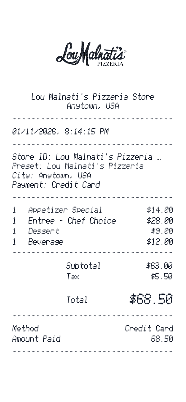 Lou Malnati's Pizzeria receipt preview
